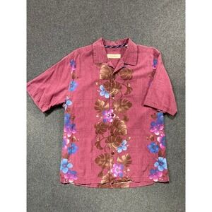 #A041 Tommy Bahama Mens Medium Silk Blend Camp Shirt Pink Tropical Floral Panel